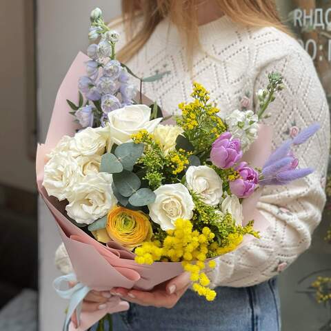 Bouquet «Gentle beauty», Flowers: Rose, Ranunculus, Mimosa, Delphinium, Eucalyptus, Tulipa