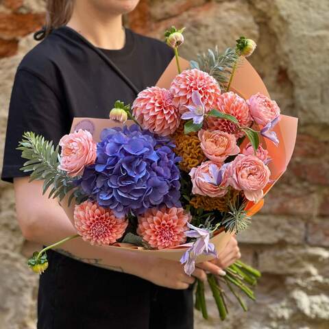 Contrasting bouquet with dahlias «Peachy Night», Flowers: Clematis, Dahlia, Hydrangea, Peony Spray Rose, Mimosa, Celosia