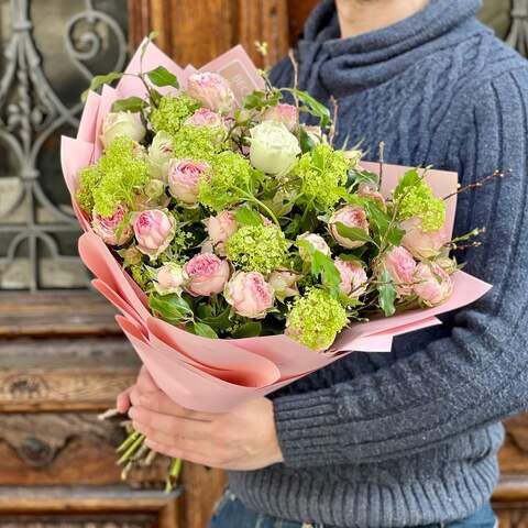Photo of Spring bouquet with viburnum and spray peony roses «Morning dew»
