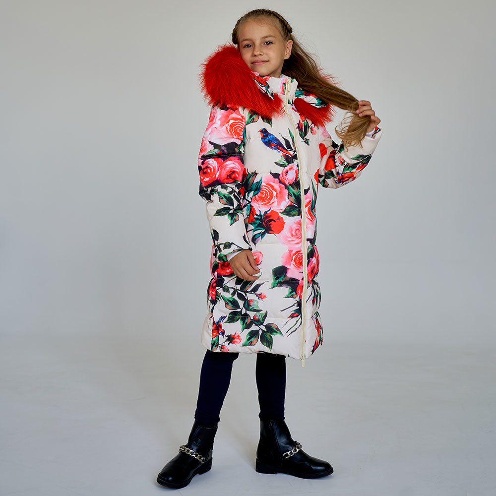 Дитяче підліткове зимове пальто з принтом троянди з натуральної опушенням