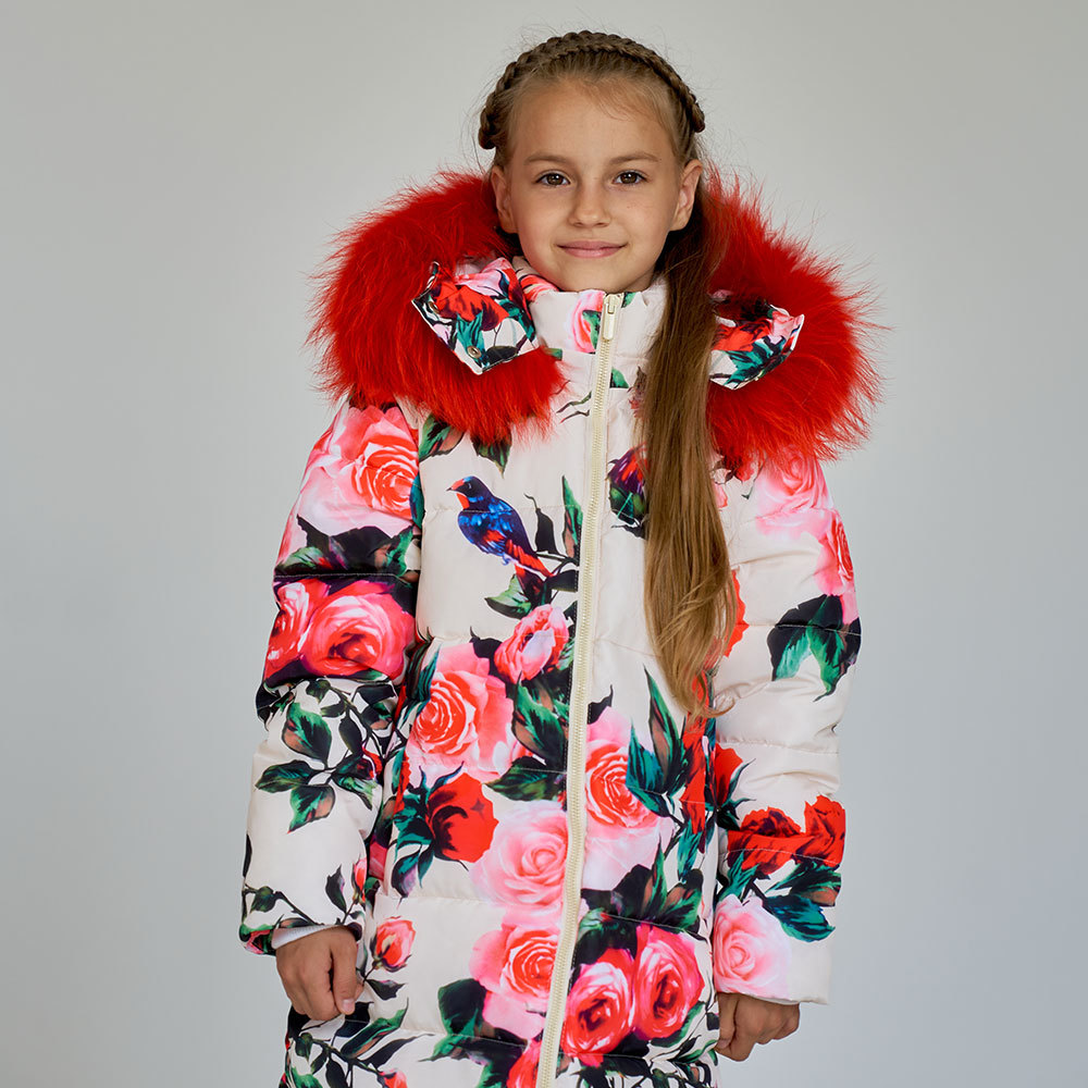 Детское подростковое зимнее пальто с принтом розы с натуральной опушкой
