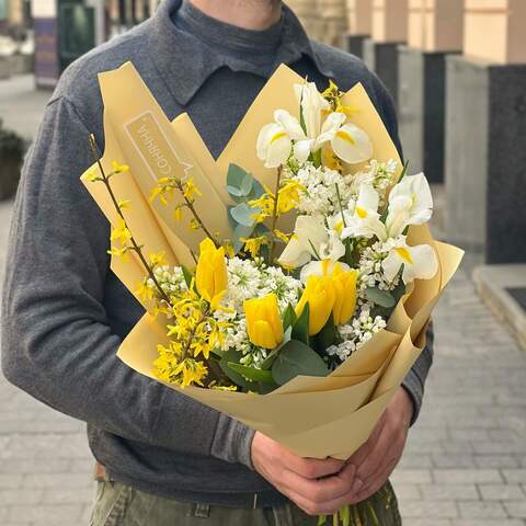 Bouquet «Sunny March», Flowers: Tulipa, Syringa, Iris, Forsythia, Eucalyptus