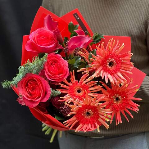 Bouquet «Ruby Dew», Flowers: Pion-shaped rose, Gerbera, Zantedeschia, Bush Rose, Skimmia, Nobilis, Ilex