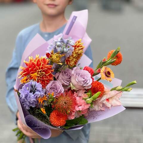 Bouquet «Bright day», Flowers: Leucospermum, Dahlia, Delphinium, Panicum, Gladiolus, Rose