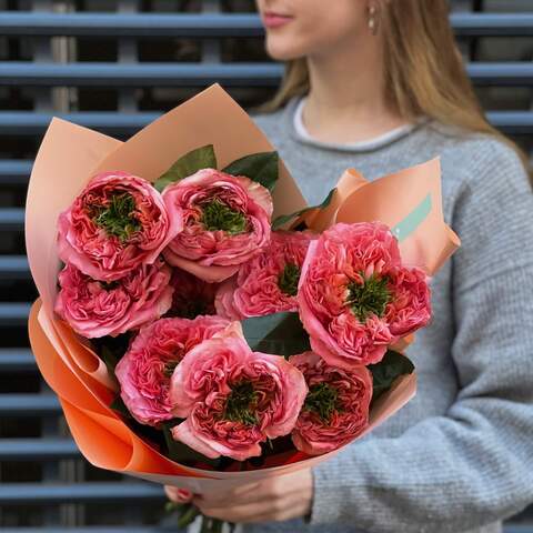 9 пионовидных роз в букете «Мандаринка», Цветы: Роза пионовидная