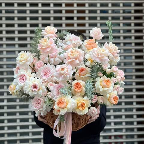 Flower basket «Love in Paradise», Flowers: Pion-shaped rose, Bush Rose, Mimosa
