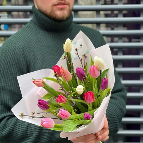 15 тюльпанов в букете «Цветастый тюльпан», Цветы: Тюльпан, Прунус