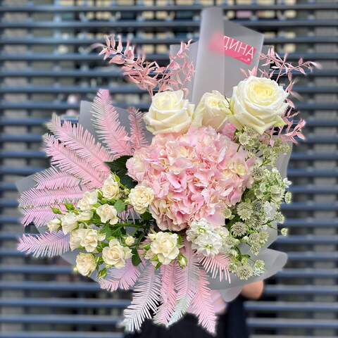 Bouquet «Pink Iceberg», Flowers: Hydrangea, Ambrella, Bush Rose, Astrantia, Rose, Matthiola, Ruscus