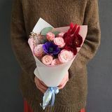 Photo of Bouquet for early spring with roses, anemone and tulips