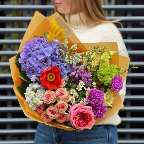 Bouquet «Colorful beads», Flowers: Hydrangea, Papaverum, Tanacetum, Dianthus, Hyacinthus, Viburnum, Eustoma, Prunus, Lagurus, Delphinium, Veronica