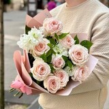 Photo of Tsumugi peony roses in combination with delphinium in a bouquet «Gentle Whim»