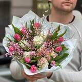 Photo of Colorful bouquet of fragrant hyacinths and peony-shaped tulips «Spring pitahaya»