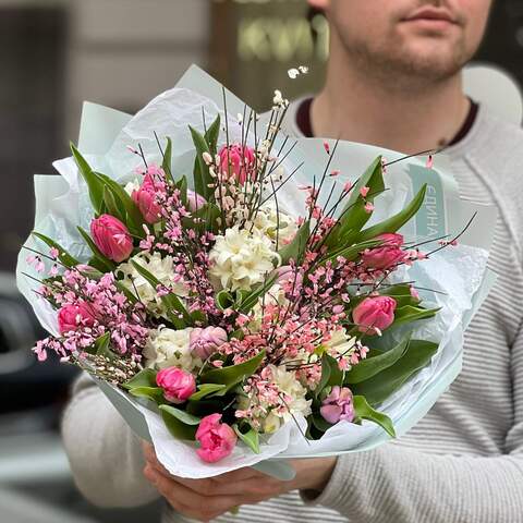 Colorful bouquet of fragrant hyacinths and peony-shaped tulips «Spring pitahaya», Flowers: Hyacinthus, Tulip pion-shaped, Genista
