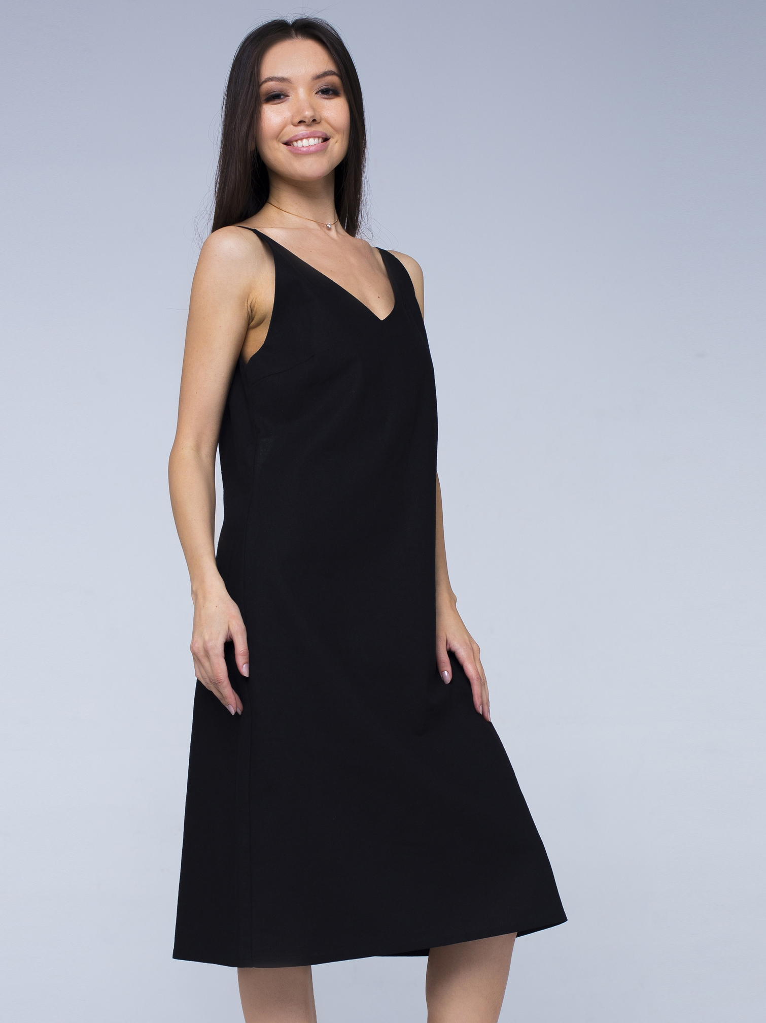Платье черное льняное с открытой спинкой миди 