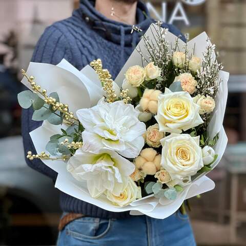 Exquisite bouquet with amaryllis and peony roses «Golden shine», Flowers: Hippeastrum, Genista, Pion-shaped rose, Bush Rose, Eucalyptus, Ilex, Gossypium, Tulipa