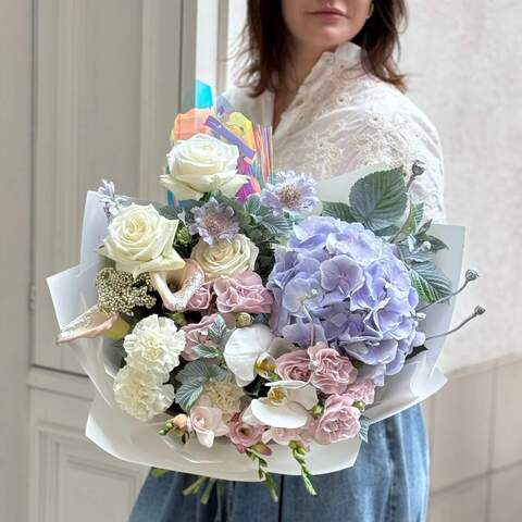 Lavender mystical bouquet «Elven Legend», Flowers: Rubus Idaeus, Phalaenopsis, Bush Rose, Rose, Freesia, Papaver, Hydrangea, Zantedeschia, Dianthus, Ozothamnus, Scabiosa