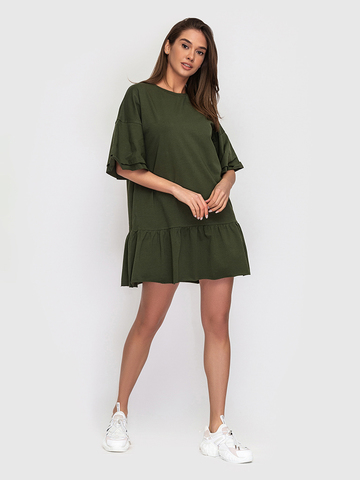 Сукня-футболка бавовняна з воланами оливкового кольору 