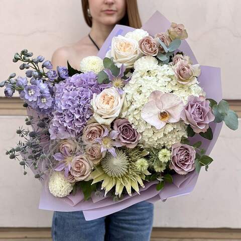 Bouquet «Dreamy Olga», Flowers: Protea, Phalaenopsis, Hydrangea, Pion-shaped rose, Nigella, Delphinium, Clematis, Dahlia, Eryngium, Eucalyptus