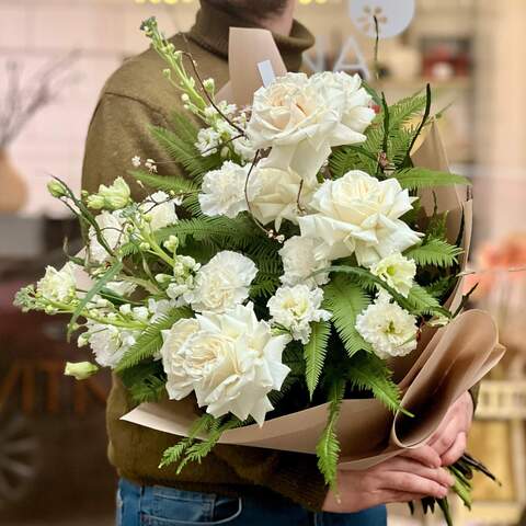 Light bouquet with peony roses and matthiola «White forest», Flowers: Pion-shaped rose, Matthiola, Dianthus, Ambrella, Grevillea
