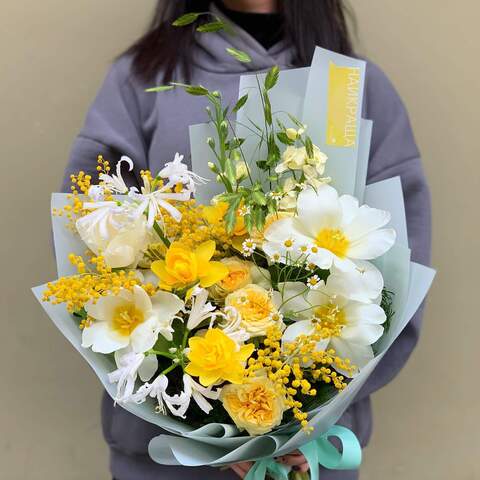 Bouquet «Limoncello», Flowers: Tulipa, Mimosa, Bush Rose, Narcissus, Matthiola, Merine, Tanacetum