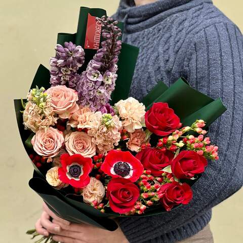 Bouquet «Gemstone», Flowers: Matthiola, Anemone, Rose, Delphinium, Dianthus, Tulipa, Hypericum