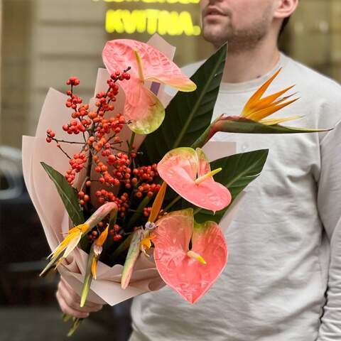 Photo of Bright exotic bouquet with strelitzia and anthuriums «Flying over the tropics»