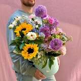 Photo of Colorful box with sunflowers and allium «Bright Sun»