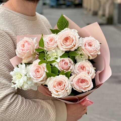 Photo of Tsumugi peony roses in combination with delphinium in a bouquet «Gentle Whim»