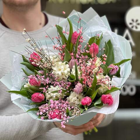 Photo of Colorful bouquet of fragrant hyacinths and peony-shaped tulips «Spring pitahaya»