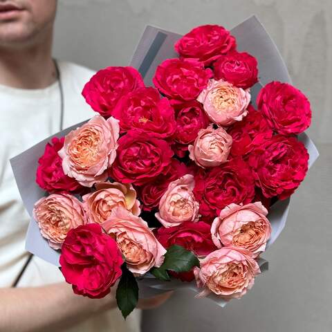 Photo of Mix of Juliet and Bachelor spray peony roses in a bouquet «Passionate Petals»