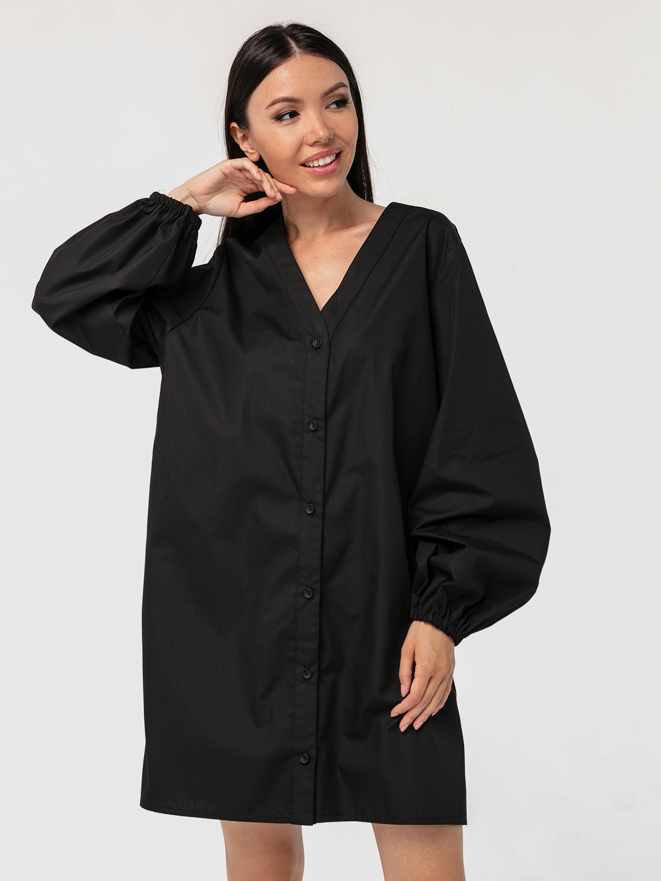 Платье-рубашка хлопковое с объемными рукавами черное YOS от украинского бренда Your Own Style