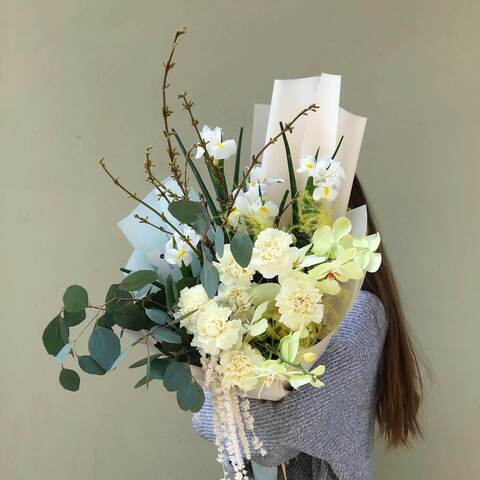 Bouquet «Spring Emotion», Flowers: Dianthus, Iris, Forsythia, Eucalyptus, Phalaenopsis