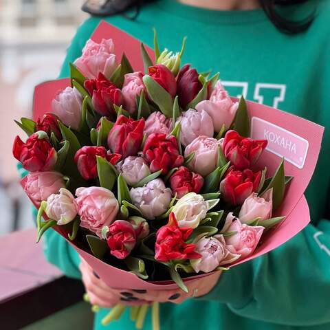 Photo of Bouquet of colored peony-shaped tulips «My best»