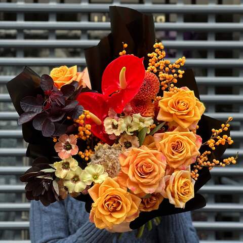 Bouquet «Autumn song», Flowers: Rose, Ilex, Eustoma, Protea, Anthurium, Cotinus, Dahlia