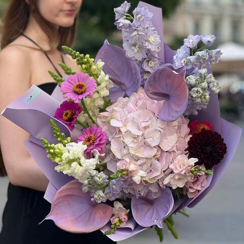 Light bouquet with anthuriums «Mysterious Olga», Flowers: Freesia, Anthurium, Antirinum, Delphinium, Zinnia, Eryngium, Hydrangea, Rose