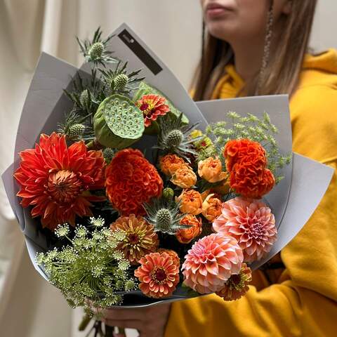 Interesting bouquet with exotic flowers «Sunrise at the Grand Canyon», Flowers: Celosia, Dahlia, Ammi, Eryngium, Nelumbo, Peony Spray Rose, Zinnia