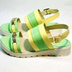 Модные босоножки без каблука сандалии женские кожа Crisma 784 Yellow Green.