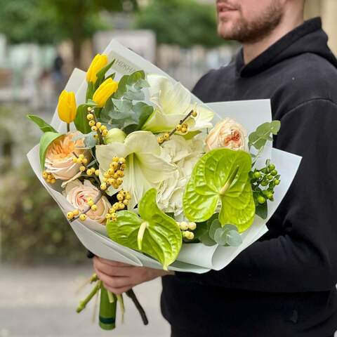 Exquisite bouquet with anthuriums «Lime Curd», Flowers: Anthurium, Tulipa, Hippeastrum, Eucalyptus, Hydrangea, Ilex