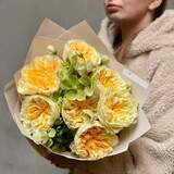 Photo of Sunny bouquet of 7 Antonia peony roses and helleborus «Sunbeam for Julia»