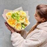 Photo of Sunny bouquet of 7 Antonia peony roses and helleborus «Sunbeam for Julia»