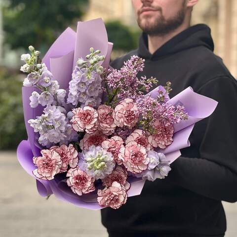 Bouquet «Lilac Love», Flowers: Delphinium, Dianthus, Syringa