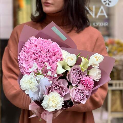 Delicate bouquet in sweet colors «Pink Lviv», Flowers: Hydrangea, Rose, Allium, Dianthus, Zantedeschia, Tulipa, Hyacinthus