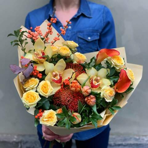 Bouquet «Elegy of heat», Flowers: Cymbidium, Leucospermum, Ilex, Pion-shaped rose, Pittosporum, Zantedeschia, Tulipa
