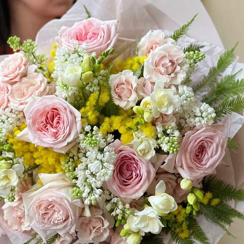 Photo of Fragrant bouquet with peony roses, lilacs and mimosa «Love is in the air»