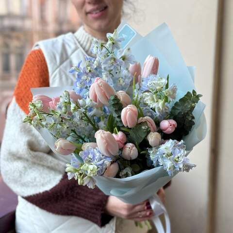 Bouquet «Melody of Heaven», Flowers: Delphinium, Tulipa, Eucalyptus
