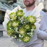 Photo of Green and white bouquet of roses and fragrant genista and oxypetalum «Spring for Nastya»