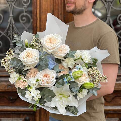 Pastel bouquet with fragrant lilies «Moment of Tenderness», Flowers: Oxypetalum, Hydrangea, Freesia, Lilium, Eucalyptus, Chamelaucium, Pion-shaped rose, Dianthus