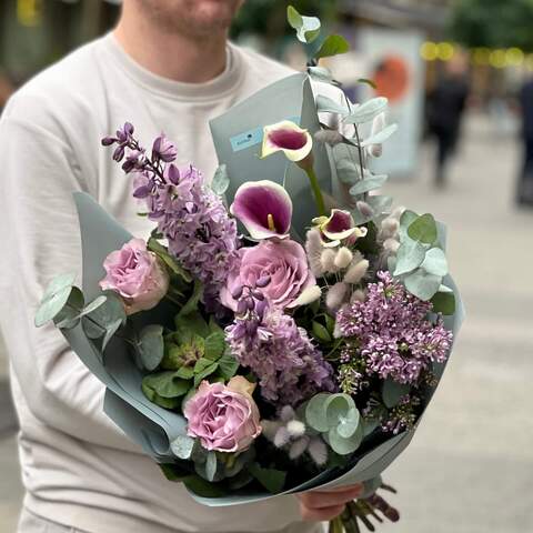 Bouquet «Lviv fog», Flowers: Delphinium, Rose, Zantedeschia, Eucalyptus, Lagurus, Brassica, Syringa