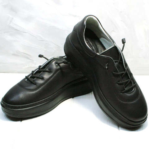 Модные кроссовки кеды кожаные. Черные женские кроссовки с высокой подошвой Rozen-Bl.