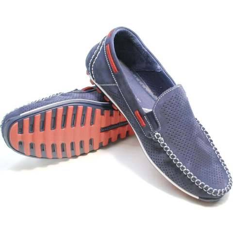 Смарт кэжуал летние мокасины туфли кожаные мужские. Синие мужские туфли мокасины с перфорацией Faber Navy-Blue.    41-й размер